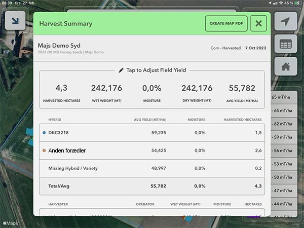 Print screen fra FieldView med 'Harvest summary'